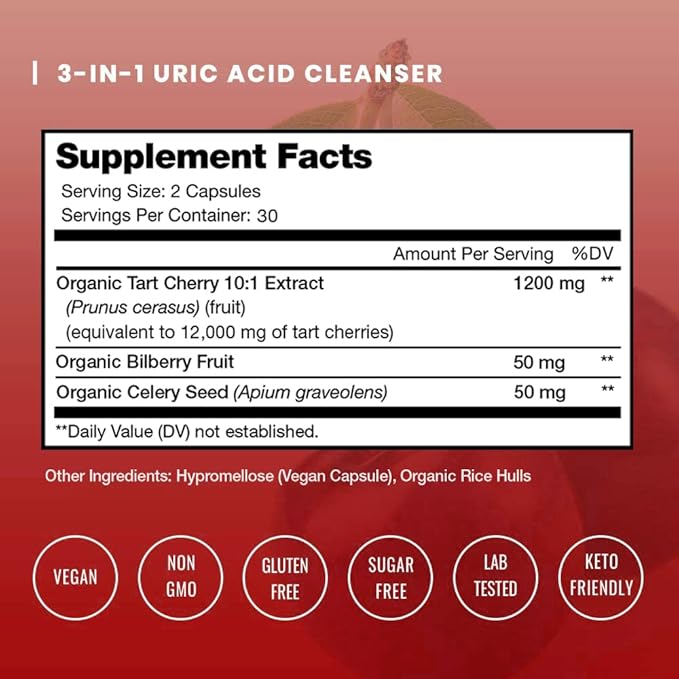 NutraChamps Organic Tart Cherry Extract Capsules 12000mg - Made from Montmorency Tart Cherry Concentrate Celery Seed &amp Bilberry - Uric Acid Cleanse &amp Joint Support - Vegan Capsules (Pack of