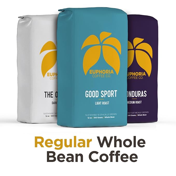 EUPHORIA COFFEE CO. Whole Bean Variety Pack with Good Sport Light Roast Honduras Medium Roast and The Office Dark Roast | 12oz Bag (3 Pack)