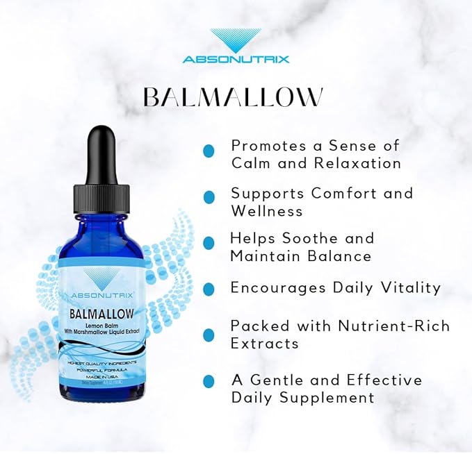 Absonutrix Balmallow 390 mg 4 FL OZ Liquid 302 Servings Made in USA Plant-Based Ingredients Echinacea Extract Lemon Balm Extract Gluten-Free Non-GMO