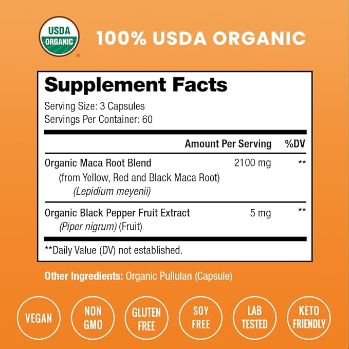 NutraChamps USDA Organic Maca Root Capsules for Women &amp Men 2100mg 180 Capsules Black Red &amp Yellow Peruvian Maca Peruana Extra Strength Pure Premium Gelatinized Root Powder Supplement