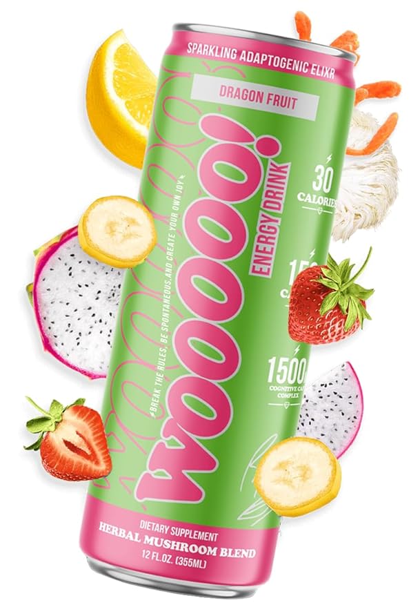 Wooooo! Energy Ric Flair Sparkling Adaptogenic Mushroom Energy Drink | Natural Antioxidants &amp Nootropics | Lion’s Mane &amp Cordyceps | 150mg Caffeine | 12 Pack (Dragon Fruit)