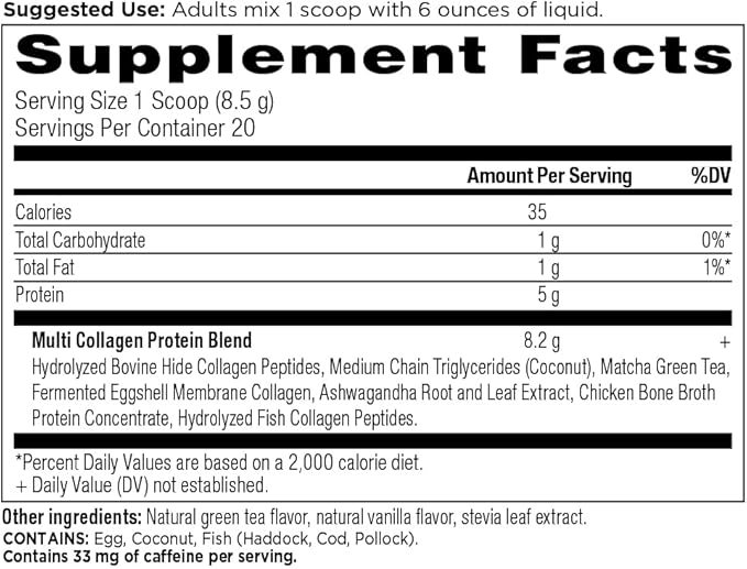 Ancient Nutrition Matcha Powder with Collagen Collagen Matcha with MCTs &amp Ashwagandha for Energy Metabolism Skin Hair and Gut Health 20 Servings