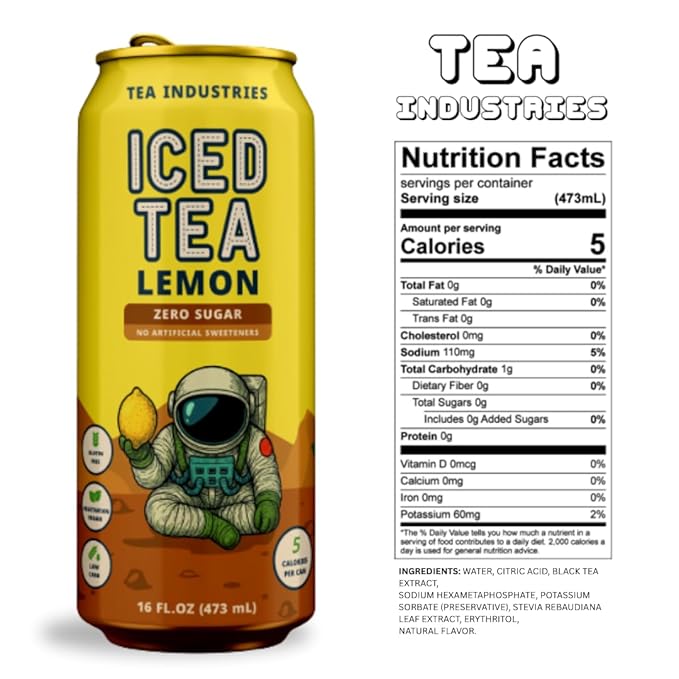 Tea Industries Black Tea with Lemon Iced Tea – Sugar Free Low Calorie Citrus Flavor Electrolyte Drink for Hydration 16oz Cans (12-Pack)