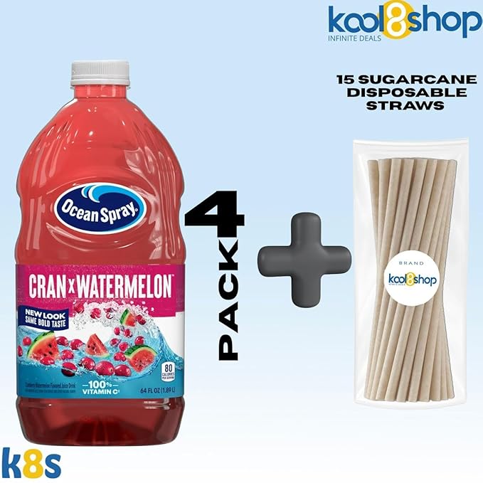Ocean Spray Cran Watermelon Fruit Juice Drink 64 fl oz Plastic Bottle 4 Pack + 15 Sugarcane Disposable Straws by KOOL8SHOP Infinite Deals