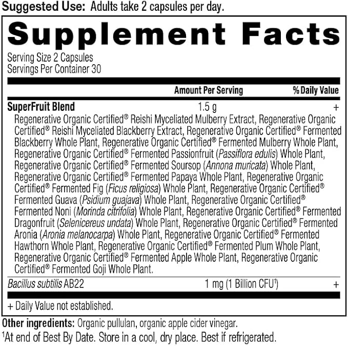 Ancient Nutrition Regenerative Organic Certified SuperFruits Capsules Supports Gut and Immune System Health Made with Probiotics Dragonfruit Mulberry and Goji 60 Count