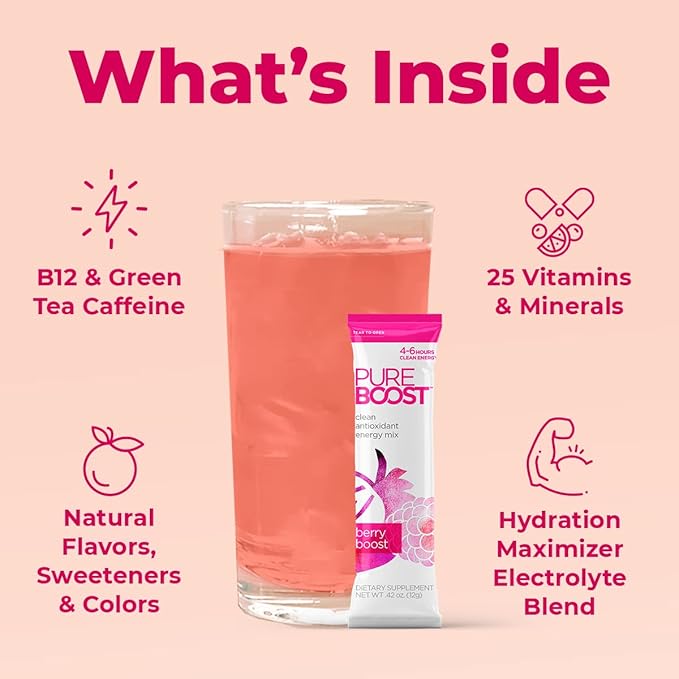 Pureboost Clean Energy Booster Refreshing Energy Drink Mix with B12 Vitamins Electrolytes Antioxidants Sugar-Free with No Sucralose (Berry Boost 30 Count)
