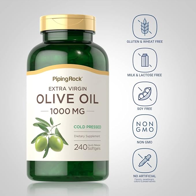 Piping Rock Olive Oil Softgel Capsules | 1000mg | 240 Pills | Organic Extra Virgin Cold Pressed Supplement | Gluten Free Non-GMO