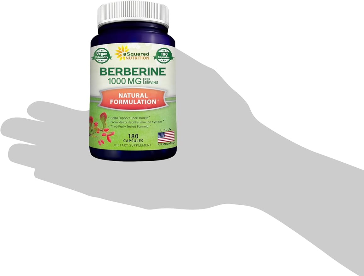 aSquared Nutrition Pure Berberine 1000mg Supplement - 180 Veggie Capsules Natural Berberine Hydrochloride HCL Plus Max Strength 1000 mg (2X 500mg) Potent Berberine Vegan Extract