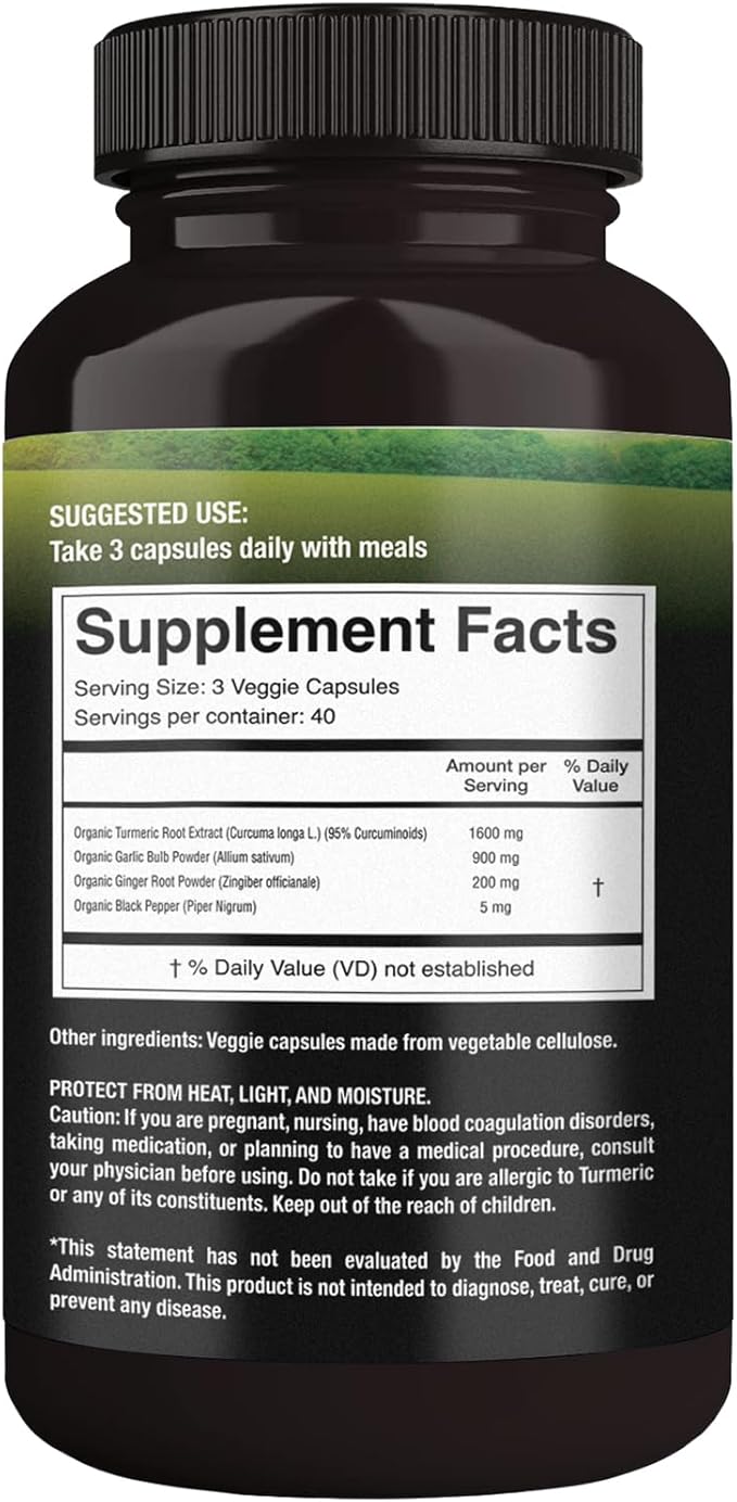 100% Raw and Organic Turmeric Curcumin Capsules. Certified Organic Gluten-Free Non-GMO and Caffeine-Free. Enhanced with Garlic Ginger and Black Pepper 500mg 120 Vegan Capsules