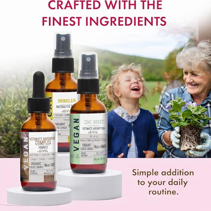 Digestive Harmony Bundle Liquid Vitamin Trio Mushroom Complex Lions Mane Reishi Maitake &amp Chaga Zinc Picolinate &amp Bromelain | Non-GMO | Gluten Free | Sugar Free | 2 Fl Oz | 240 Days Supply