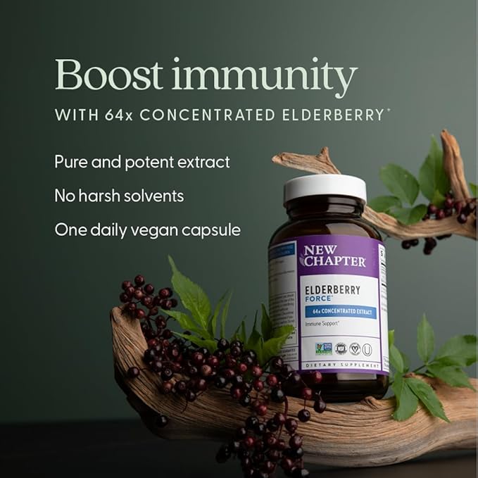 New Chapter Vegan Elderberry Capsules with 64x Concentrated Black Elderberry + Black Currant for Comprehensive Immune Support Non-GMO Project Verified Gluten Free Certified Vegan 30 Count