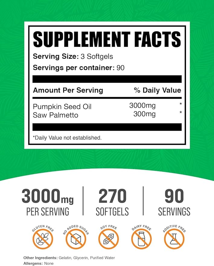 BulkSupplements.com Pumpkin Seed Oil with Saw Palmetto Softgels - Pumpkin Seed Oil Supplement Saw Palmetto for Men &amp Women - Gluten Free 3 Softgels per Serving (3000mg) 270 Count (Pack of 1)