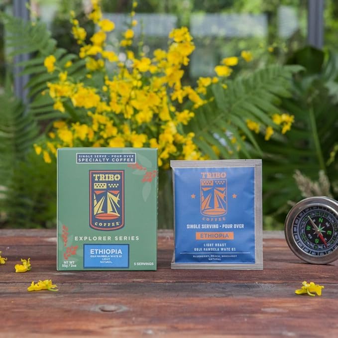 Tribo Coffee Single-Serve Portable Pour Over Drip Coffee - Ethiopia Guji Natural - 5 Servings (Light Roast)
