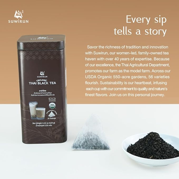 Suwirun Organic Assam Thai Black Tea 25 Bags – Bold Smooth &amp Aromatic – Premium Quality No Additives – Perfect for Hot Iced &amp Thai Milk Tea