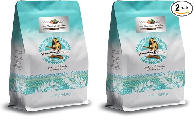 Hawaiian Paradise Coffee 10% Hawaiian Roast Coffee Ground 12oz. Bag - Premium Rich Signature Brewed – 100% Arabica Gourmet Finest Beans (Pack of 2)