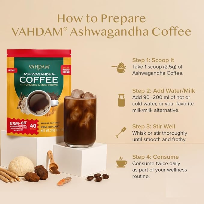 VAHDAM Ashwagandha Coffee with Turmeric Lion’s Mane &amp Chaga Mushroom | Clinically Proven KSM 66 Ashwagandha &amp Pure Arabica Coffee | Stress &amp Cortisol Support Better Energy - 40 servings