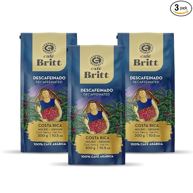 Café Britt® - Costa Rican Decaffeinated Coffee (10.5 oz.) (3-Pack) - Ground Arabica Coffee Kosher Gluten Free 100% Gourmet &amp Dark Roast