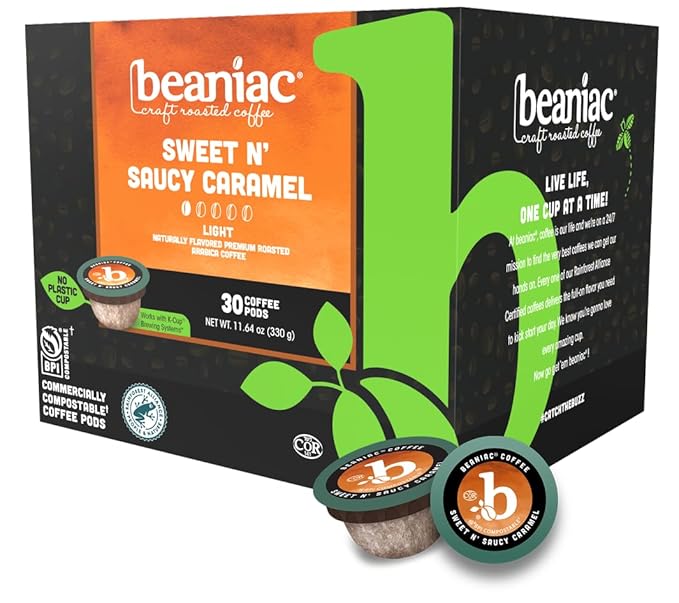 beaniac Sweet n' Saucy Caramel Flavored Light Roast Single Serve Compostable K Cup Coffee Pods Organic Arabica Coffee with Natural Flavors Keurig Brewer Compatible 30 Count