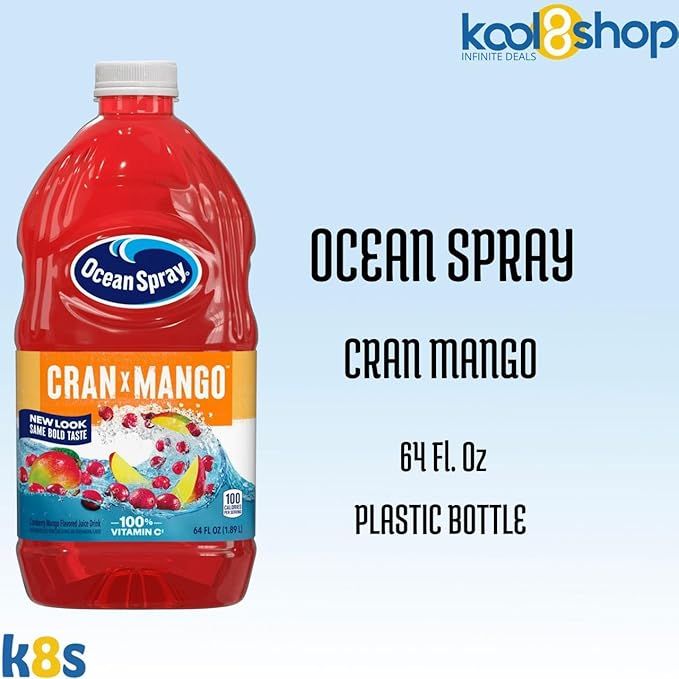 Ocean Spray Cran Mango Fruit Juice Drink 64 fl oz Plastic Bottle 4 Pack + 15 Sugarcane Disposable Straws by KOOL8SHOP Infinite Deals