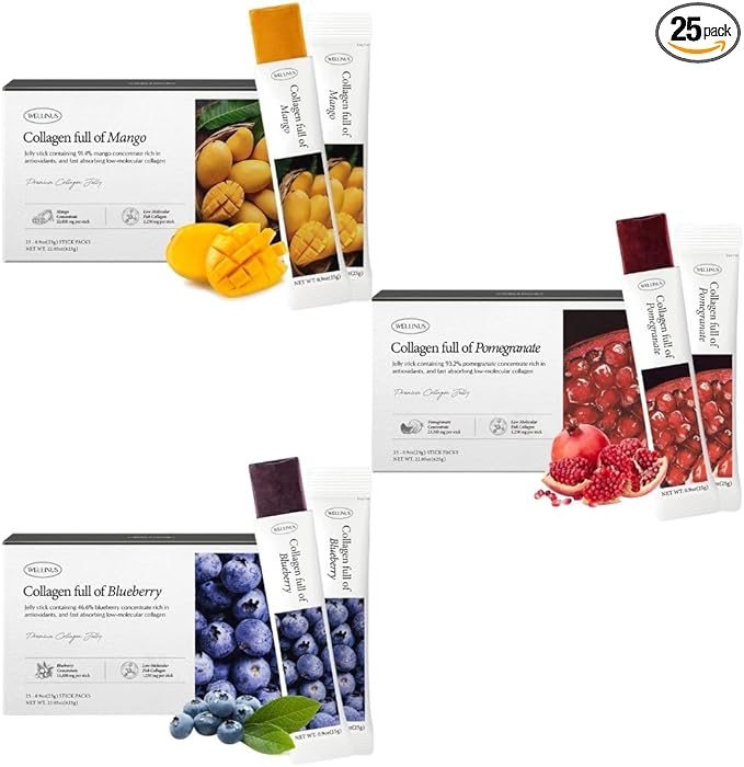 WELLINUS Collagen Jelly Stick Marine Collagen Fast Absorbing Snack Ultra-Low Weight Molecular Marine Collagen HACCP Certified 22.05 oz/Pack of 25 (3 Pack Pomegranate Mango Blueberry)
