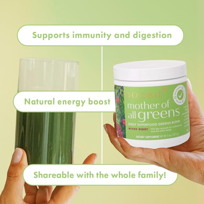 Boobie Mother of All Greens | Your New Family Ritual Daily Super Greens Powder with 35+ Essential Nutrients for Moms &amp Families | Vegan Gluten Free &amp Sugar Free | Mixed Berry Flavor 60 svg