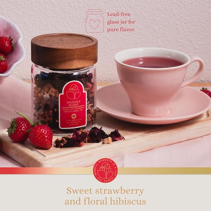 Tea Ranch – Snuggle Bunny Strawberry Loose Leaf Fruity Berry Herbal Tea Premium Blend Naturally Caffeine‑Free Herbal Enjoy Hot or Iced &amp Brews Up to 35 Cups 2.8 oz Reusable Glass Tea Jar with