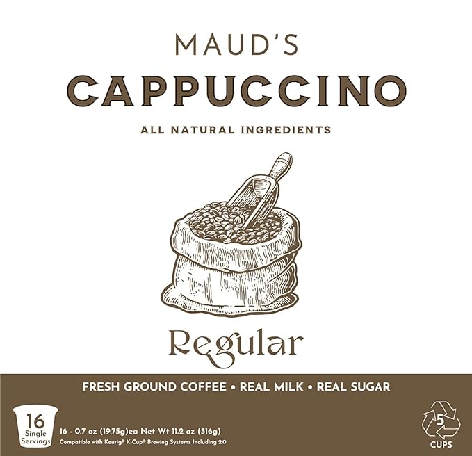 Maud's Classic Cappuccino Coffee Pods (Medium Dark Roast) 16ct. Solar Energy Produced Recyclable Single Serve 1 Step Cappuccino Pods 100% Arabica Coffee Milk and Sugar Included KCup Compatible