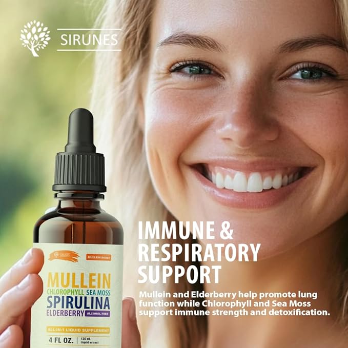 SIRUNES Mullein Herbal Drops with Chlorophyll Irish Sea Moss Spirulina &amp Elderberry – 4 fl oz – Daily Respiratory &amp Immune Wellness Supplement