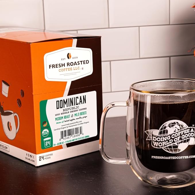 Fresh Roasted Coffee Organic Dominican Republic | USDA Organic Direct Trade Kosher | Medium Roast 24 Pods for K Cup Brewers