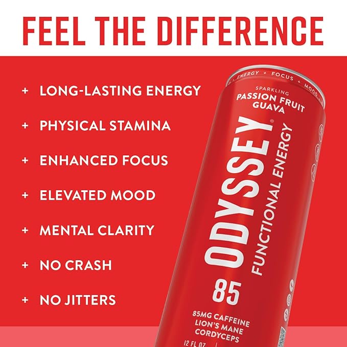 Odyssey Functional Energy Drink for Focus Cognition &amp Mood Support 12 Pack - Adaptogenic Drink with 85mg Green Tea Caffeine Lion’s Mane Cordyceps L-Theanine &amp Ginseng Passion Fruit Orange