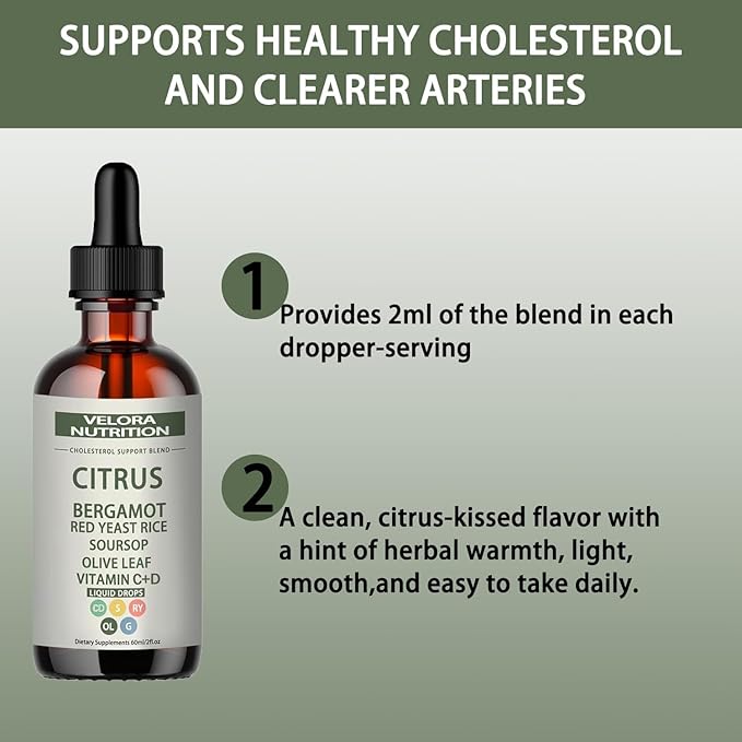 velora Red Yeast Rice Cholesterol Cleans Drops with Citrus Bergamot Red Yeast Rice Soursop Olive Leaf Vitamin C+D Natural Non-GMO Vegan 2 fl oz (2pcs)