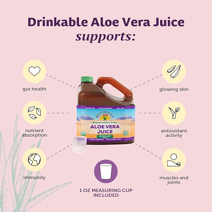 Lily of the Desert Aloe Vera Juice Preservative Free Whole Leaf Filtered Aloe Vera Drink 128 Fl Oz with Cup Bottle