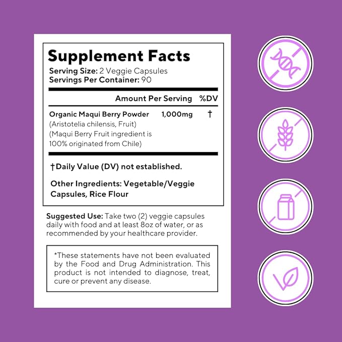 Vitapia Maqui Berry 1000mg - Maqui Berry Powder Supplement - Vegan Friendly Non-GMO and Gluten-Free - 180 Veggie Capsules