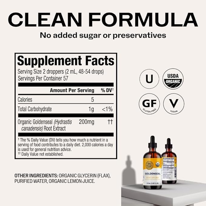 Vimergy USDA Organic Goldenseal Tincture Herbal Supplement – (57 Servings) – Vegan Alcohol-Free Golden Seal herb Drops Great for Tea (115 mL)