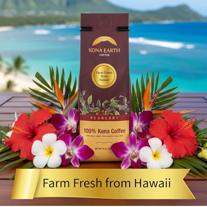 KONA EARTH 100% Kona Peaberry Coffee Medium Roast Whole Bean 1 lb (16oz) Farm-Direct Authentic Hawaiian Kona Coffee beans from Hawaii’s Big Island Micro-Batch-Roasted