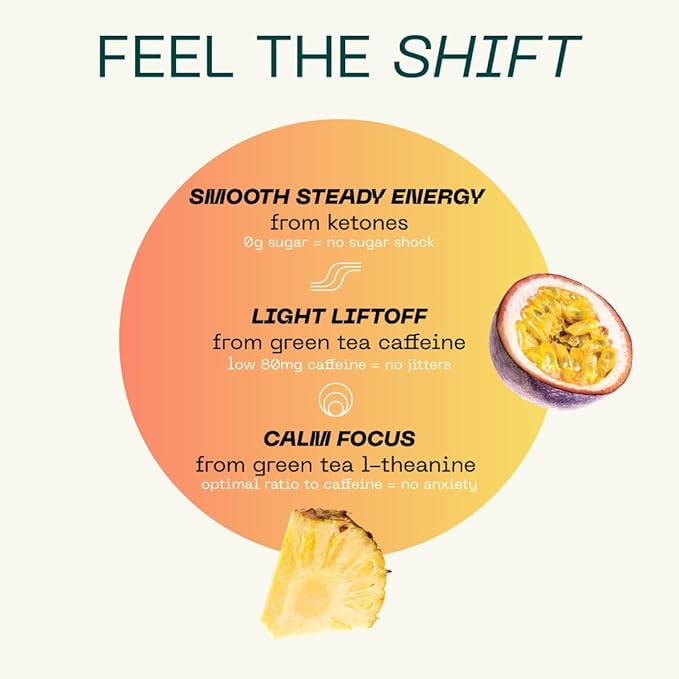 KEY Ketone Drink - Ketones for Energy &amp Focus Sugar Free &amp Low Caffeine from Green Tea with L-Theanine No Crash or Jitters All Natural Lightly Carbonated Pineapple Passionfruit (Pack of 1