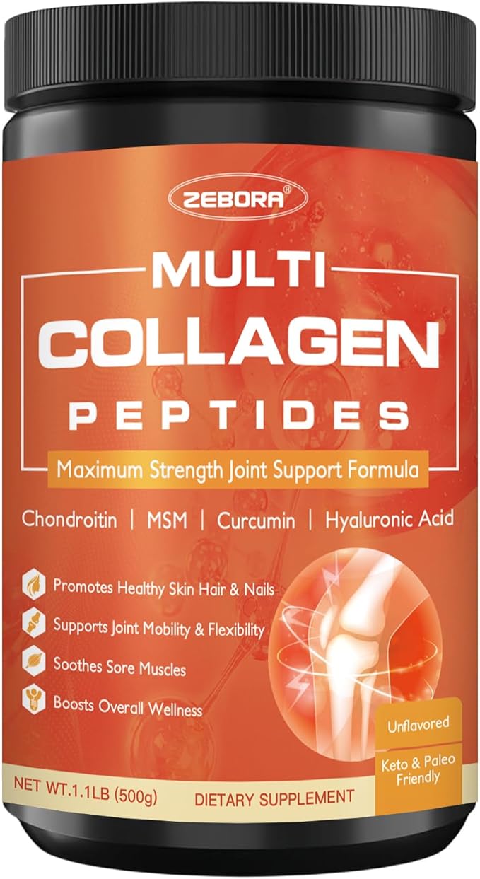 ZEBORA Multi-Collagen-Peptides-Powder for Joint Recovery with MSM &amp CS - 50 Servings of Hydrolyzed Collagen for Women Men - Type I II III V X Collagen for Skin Hair Nail &amp Joint Support Keto