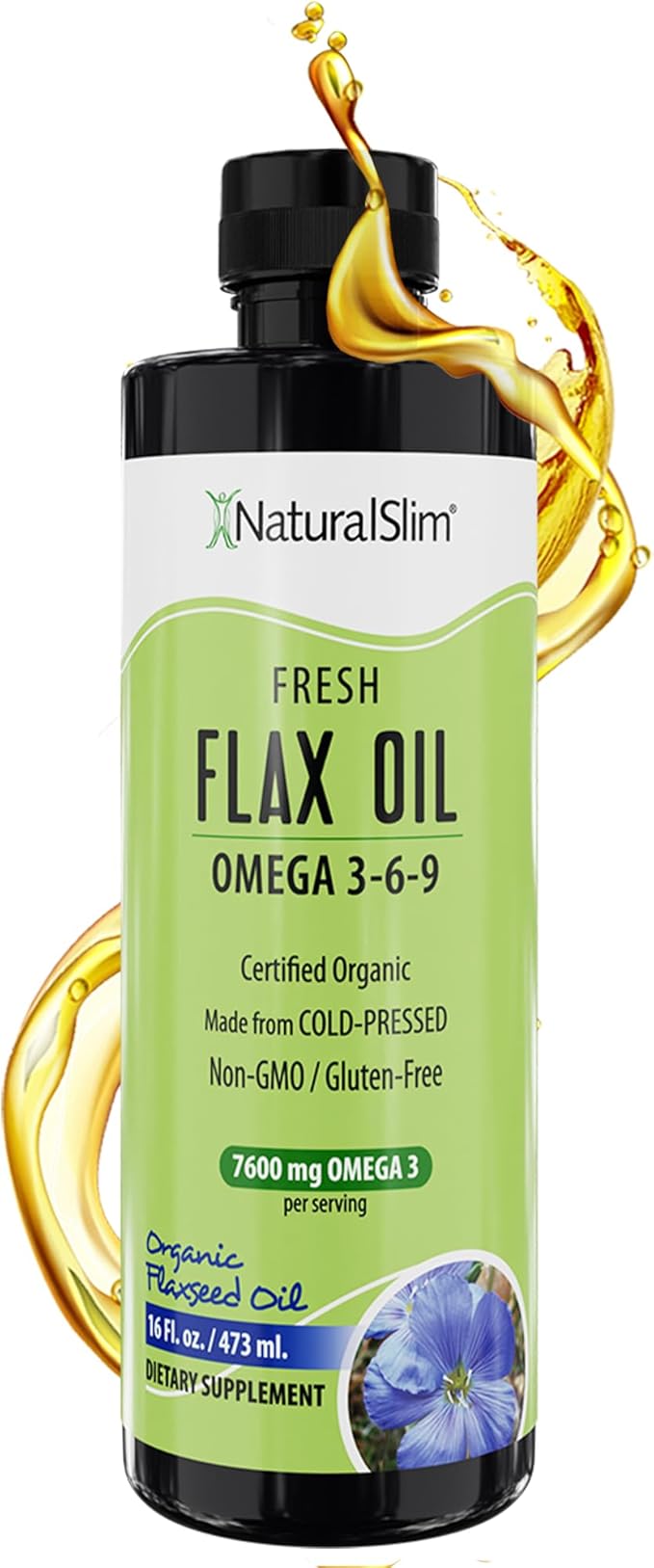 NaturalSlim Flaxseed Oil Liquid Fresh Taste Flax Oil Organic Cold Pressed &amp High in Omega 3 6 9 Fatty Acid Flax Seed Supplement for Healthy Cells Hair Skin &amp Nails - Fresh Taste 16 fl. Oz.