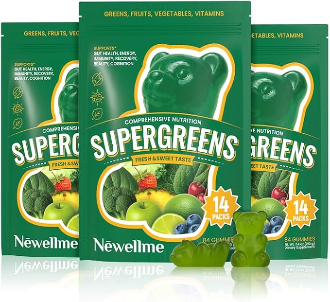 NEWELLME Super Greens Gummies Delicious Daily Greens Multivitamin Gummy Bears with Superfoods Fiber &amp Probiotics for Gut Health Energy &amp Immune Support Sugar Free 42 Grab-and-Go Packs