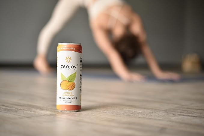 Zenjoy Stress Relief Drink Calming Black Tea Non Alcoholic Ashwagandha &amp Lemon Balm for Stress Relief L - Theanine for Focus (12 Pack) (Mango)