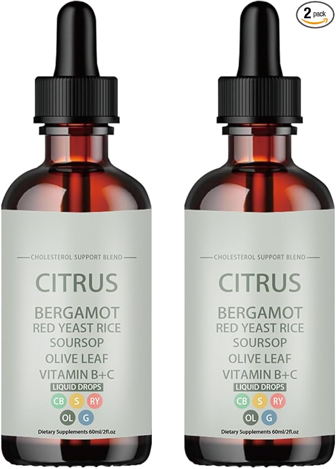 Red Yeast Rice DropsCholesterol Support Blend with Citrus Bergamot Red Yeast Rice Soursop Olive Leaf Vitamin B+CNon-GMO Natural Vegan 2 fl oz Dietary Supplement (Pack of 2)