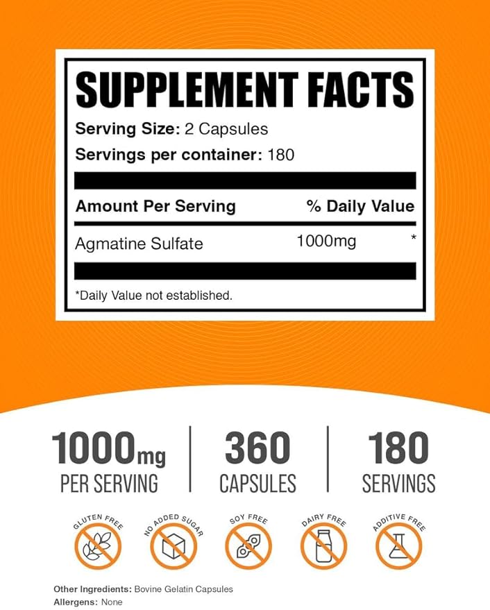 BulkSupplements.com Agmatine Sulfate Capsules - Agmatine Sulfate Nitric Oxide Supplement - Gluten Free 2 Capsules per Serving 360 Count (Pack of 1)