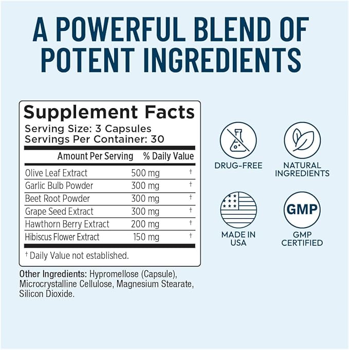 Blood Pressure Support - Vitamin Supplement for Healthy Heart &amp Blood Circulation - Beet Root Hawthorn Berry Garlic Hibiscus Olive Leaf &amp Grape Seed Extract - 90 Capsules (Pack of 2)