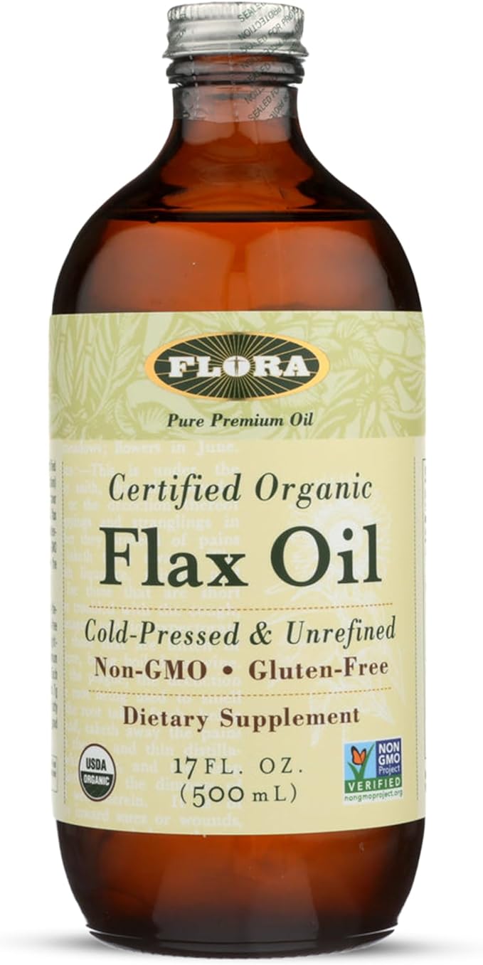 Flora Certified Organic Flax Seed Oil - Cold Pressed &amp Unrefined - Non-GMO Gluten-Free Kosher Omega Flax Oil Blend - Essential Fatty Acids for Wellness - Amber Glass Bottle - 17 oz