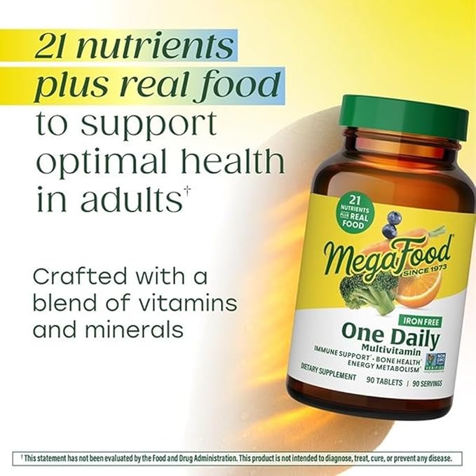 MegaFood One Daily Iron Free Multivitamin - Multivitamin for Women and Men - with Real Food - Immune Support Supplement - Bone Health - Energy Metabolism - Vegetarian Non-GMO No Iron - 90 Tablets