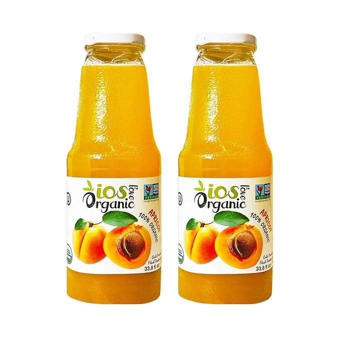 IOS Love Organic Juice - USDA Organic Certified - Cold Pressed No Added Sugar No Water No Artificial Colors No Preservatives No Flavors Added No Gluten - 33.8 Fl Oz (Apricot Pack of 2)