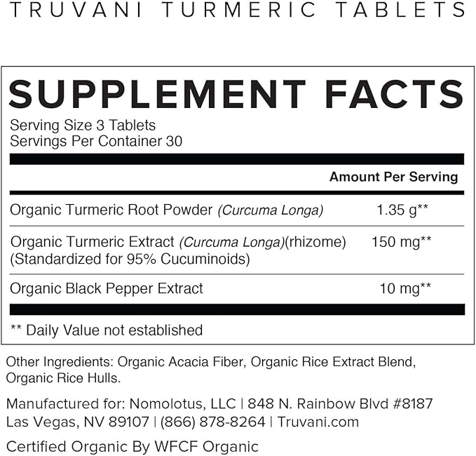 Truvani Organic Turmeric Curcumin Tablets 1350 mg Each - Natural Joint Support with Black Pepper for Absorption - 90 Tablets