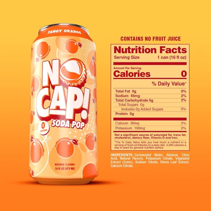 No Cap! Healthy Soda Alternative Natural Allulose Zero Sugar Zero Calorie Caffeine Free | Hydrating Electolytes Natural Flavors 16 oz. (Orange)