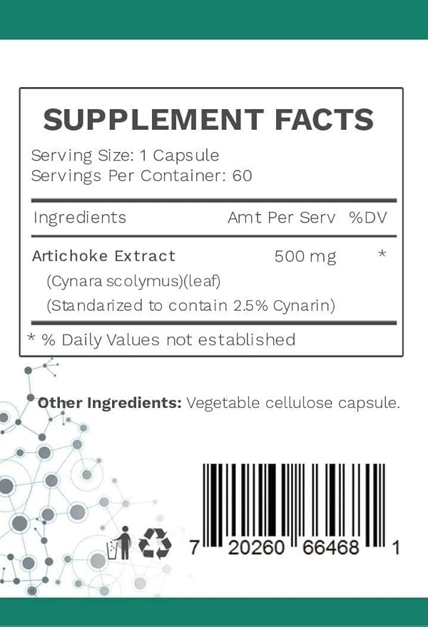 Artichoke Extract Capsules | 7 mg Cynarin Herbal Artichoke Leaf | Liver Support Supplement for Bile Flow Digestion &amp Estrogen Metabolism | Vegan Gluten Free Formula | 60 Capsules