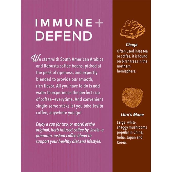 Mushroom + Coffee Javita Immune &amp Defend Blend of Chaga Lion's Mane and Dark Roast Robusta Coffee for Morning Boost Wellness Support Smooth Convenient Coffee Mix (2 box/48 serv)
